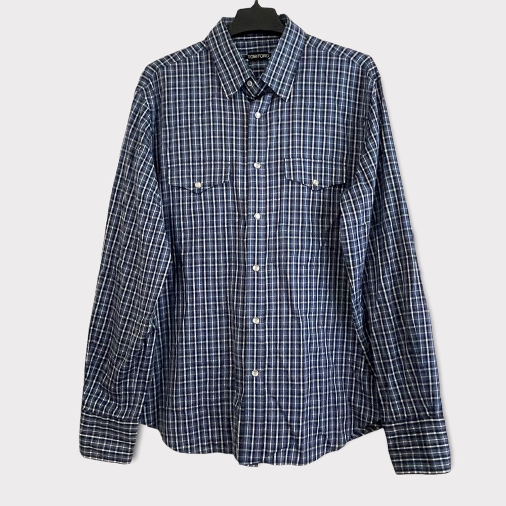 TOM FORD Blue Plaid Western Style Pearl Snap Shirt Mens 44/17.5